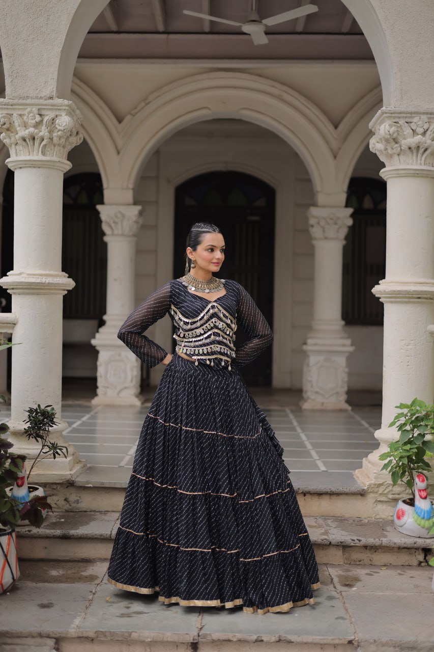 Black Navratri Special Leheriya Print Lehenga Choli with 12 Mtr Flair & Mirror Lace Work ClothsVilla