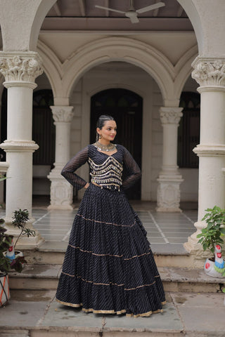 Black Navratri Special Leheriya Print Lehenga Choli with 12 Mtr Flair & Mirror Lace Work ClothsVilla