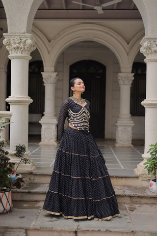 Black Navratri Special Leheriya Print Lehenga Choli with 12 Mtr Flair & Mirror Lace Work ClothsVilla