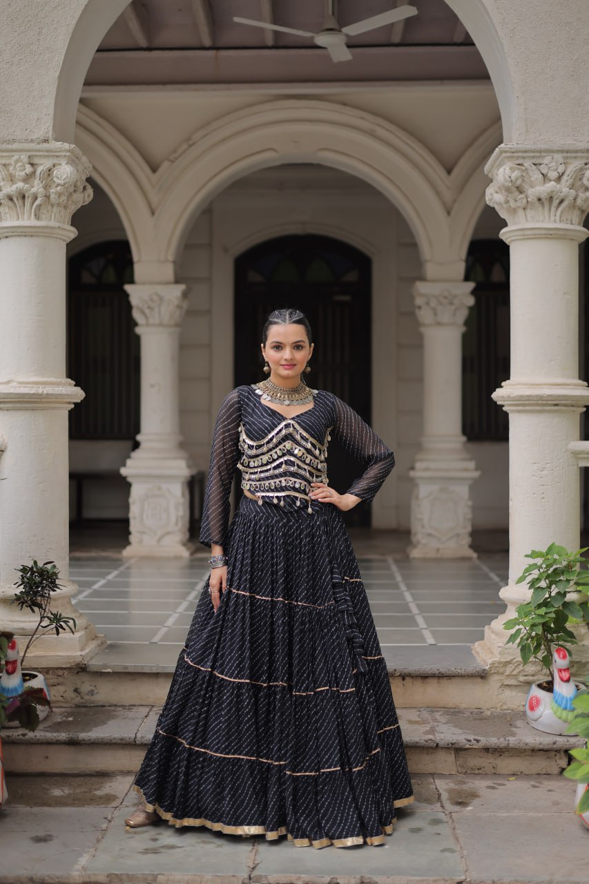 Black Navratri Special Leheriya Print Lehenga Choli with 12 Mtr Flair & Mirror Lace Work ClothsVilla