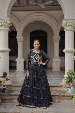 Black Navratri Special Leheriya Print Lehenga Choli with 12 Mtr Flair & Mirror Lace Work ClothsVilla