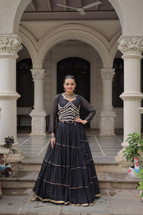Black Navratri Special Leheriya Print Lehenga Choli with 12 Mtr Flair & Mirror Lace Work ClothsVilla Main image