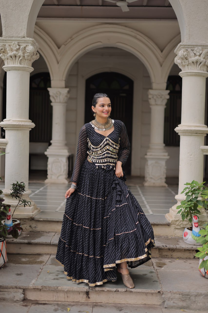 Black Navratri Special Leheriya Print Lehenga Choli with 12 Mtr Flair & Mirror Lace Work Secondary image