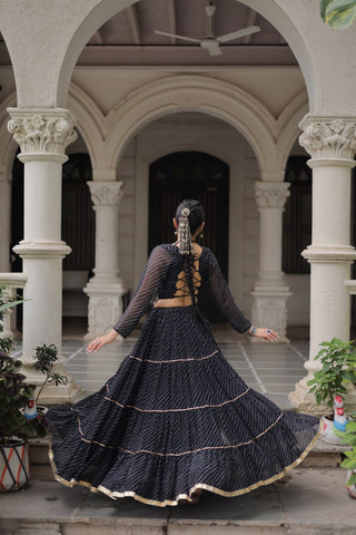 Black Navratri Special Leheriya Print Lehenga Choli with 12 Mtr Flair & Mirror Lace Work ClothsVilla