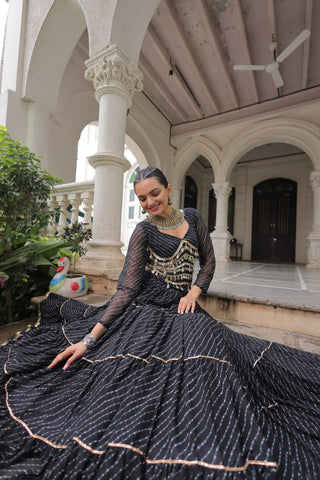 Black Navratri Special Leheriya Print Lehenga Choli with 12 Mtr Flair & Mirror Lace Work ClothsVilla