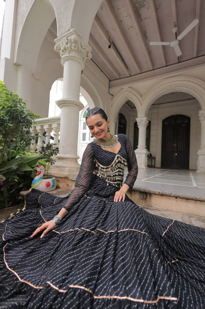 Black Navratri Special Leheriya Print Lehenga Choli with 12 Mtr Flair & Mirror Lace Work ClothsVilla