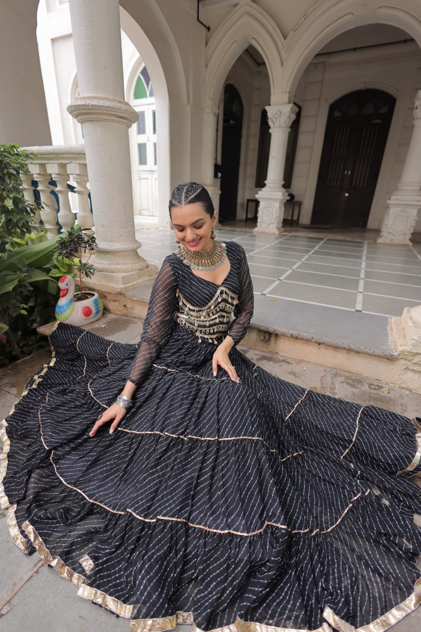 Black Navratri Special Leheriya Print Lehenga Choli with 12 Mtr Flair & Mirror Lace Work ClothsVilla