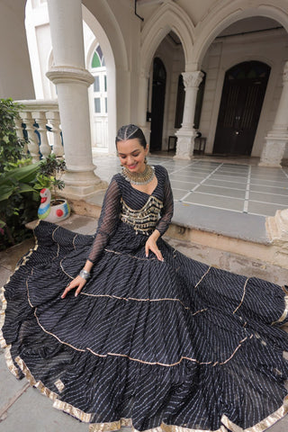 Black Navratri Special Leheriya Print Lehenga Choli with 12 Mtr Flair & Mirror Lace Work ClothsVilla