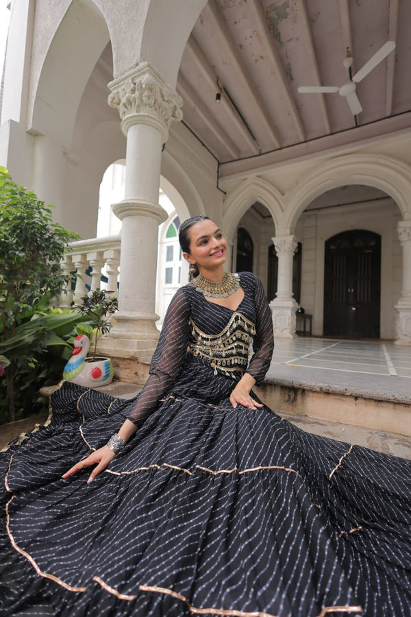 Black Navratri Special Leheriya Print Lehenga Choli with 12 Mtr Flair & Mirror Lace Work ClothsVilla