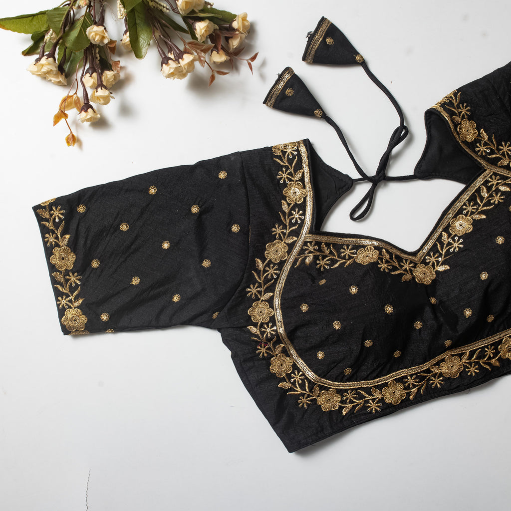 Black Olive Silk Blouse with Golden Embroidery and Sequins ClothsVilla