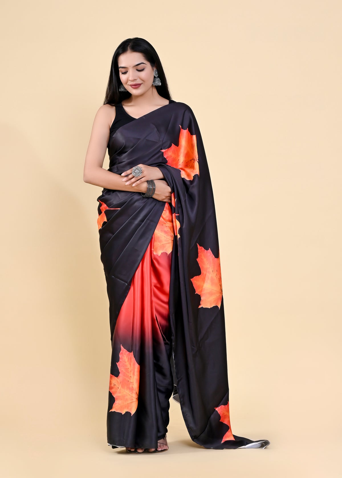 Black & Orange Floral Digital Printed Heavy Satin Silk Saree with Silk Blouse ClothsVilla Main image