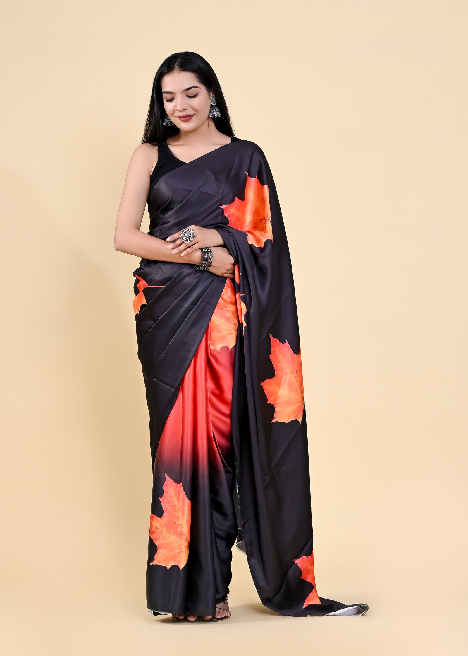 Black & Orange Floral Digital Printed Heavy Satin Silk Saree with Silk Blouse ClothsVilla
