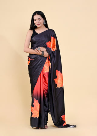 Black & Orange Floral Digital Printed Heavy Satin Silk Saree with Silk Blouse ClothsVilla
