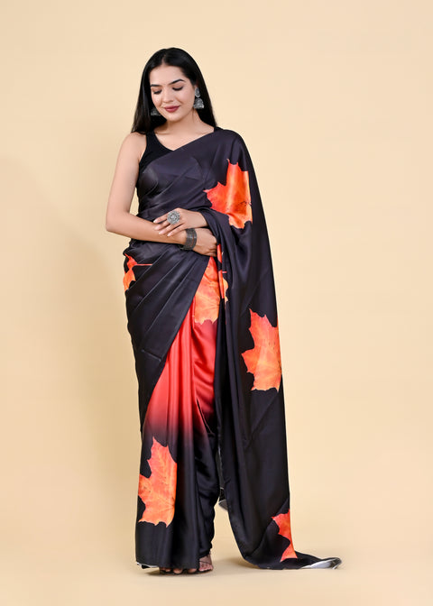 Black & Orange Floral Digital Printed Heavy Satin Silk Saree with Silk Blouse ClothsVilla Main image