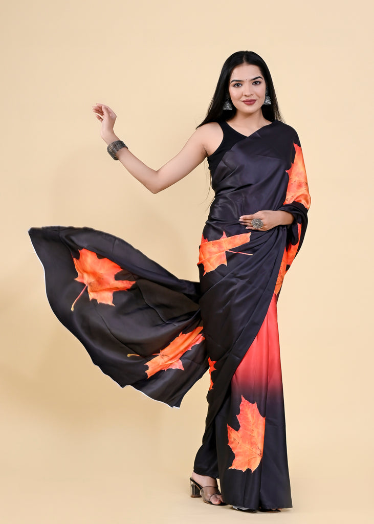 Black & Orange Floral Digital Printed Heavy Satin Silk Saree with Silk Blouse ClothsVilla