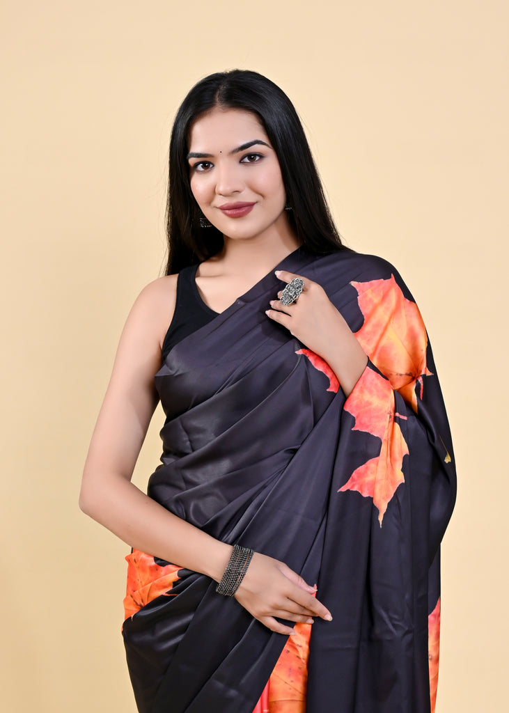 Black & Orange Floral Digital Printed Heavy Satin Silk Saree with Silk Blouse ClothsVilla