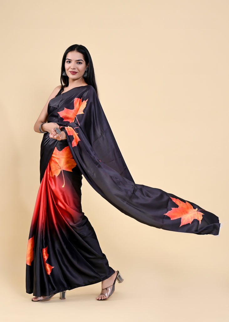 Black & Orange Floral Digital Printed Heavy Satin Silk Saree with Silk Blouse ClothsVilla