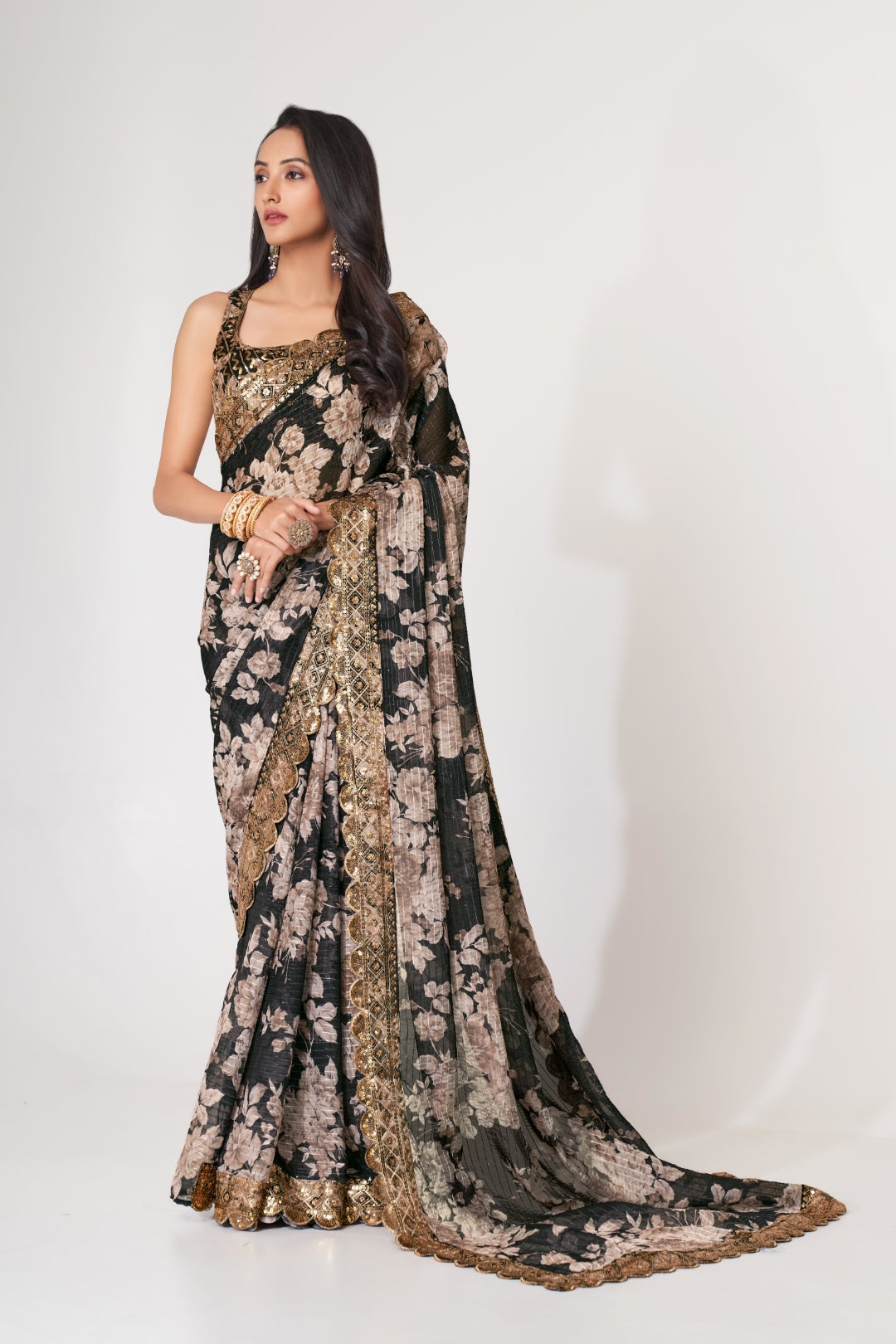 Black Organza Saree with Sequin Embroidery and Digital Print ClothsVilla