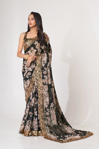 Black Organza Saree with Sequin Embroidery and Digital Print ClothsVilla