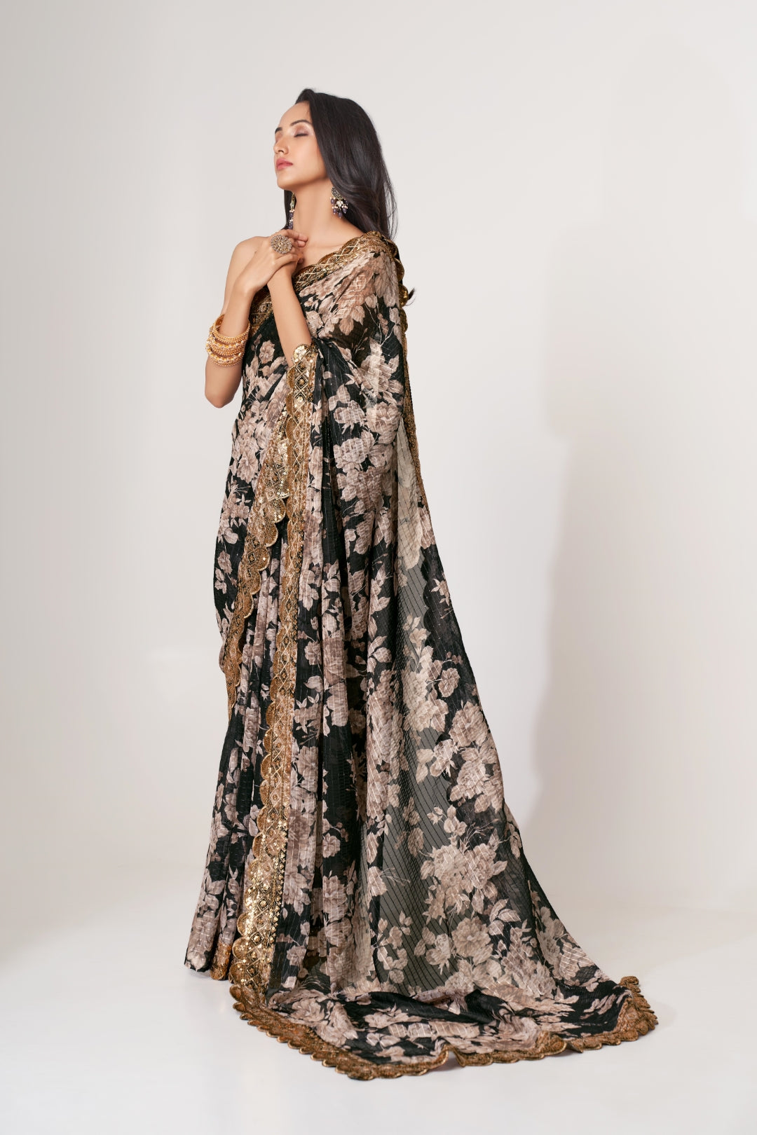 Black Organza Saree with Sequin Embroidery and Digital Print ClothsVilla