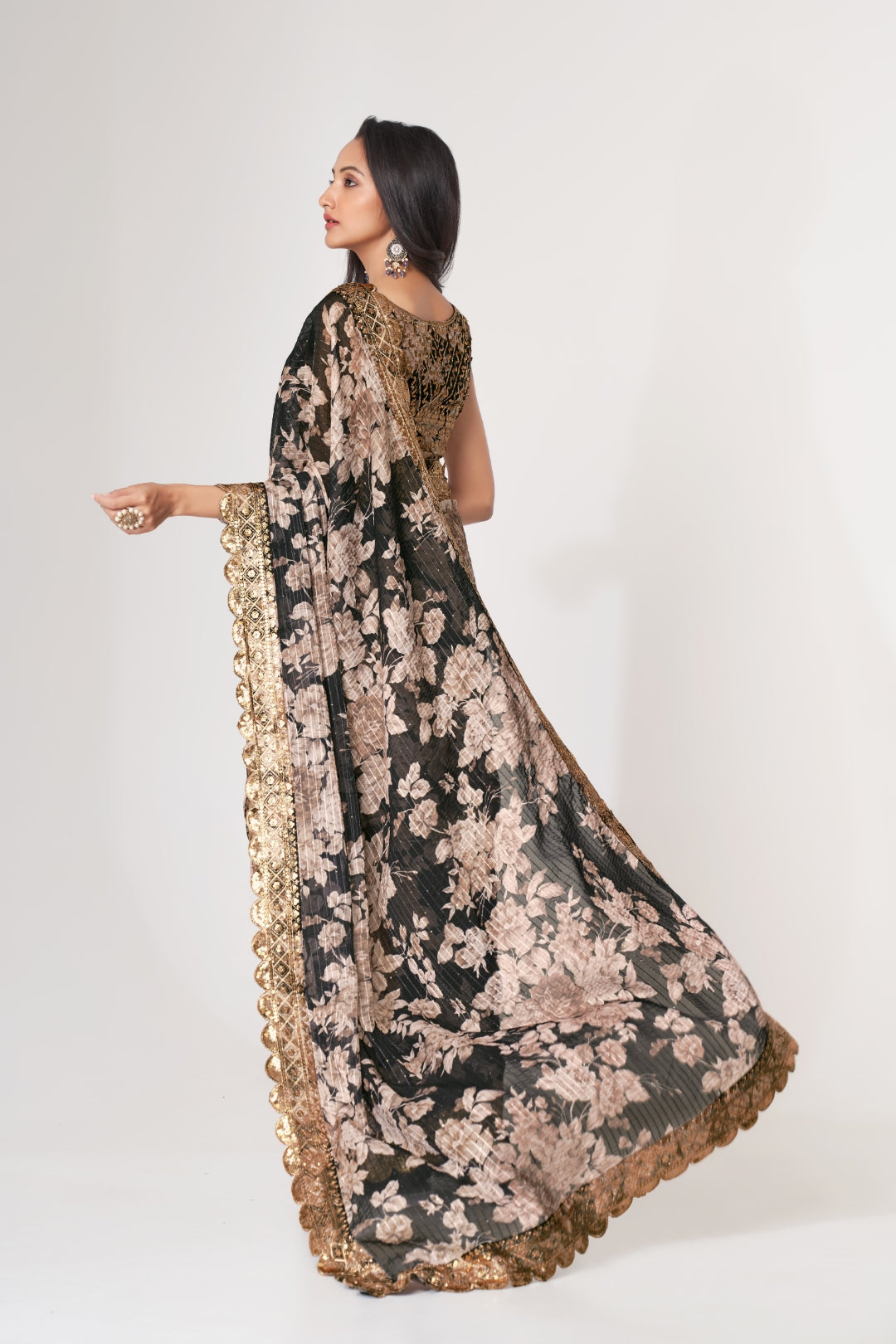 Black Organza Saree with Sequin Embroidery and Digital Print ClothsVilla