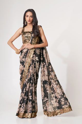 Black Organza Saree with Sequin Embroidery and Digital Print ClothsVilla