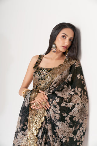Black Organza Saree with Sequin Embroidery and Digital Print ClothsVilla