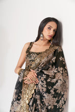 Load image into Gallery viewer, Black Organza Saree with Sequin Embroidery and Digital Print ClothsVilla