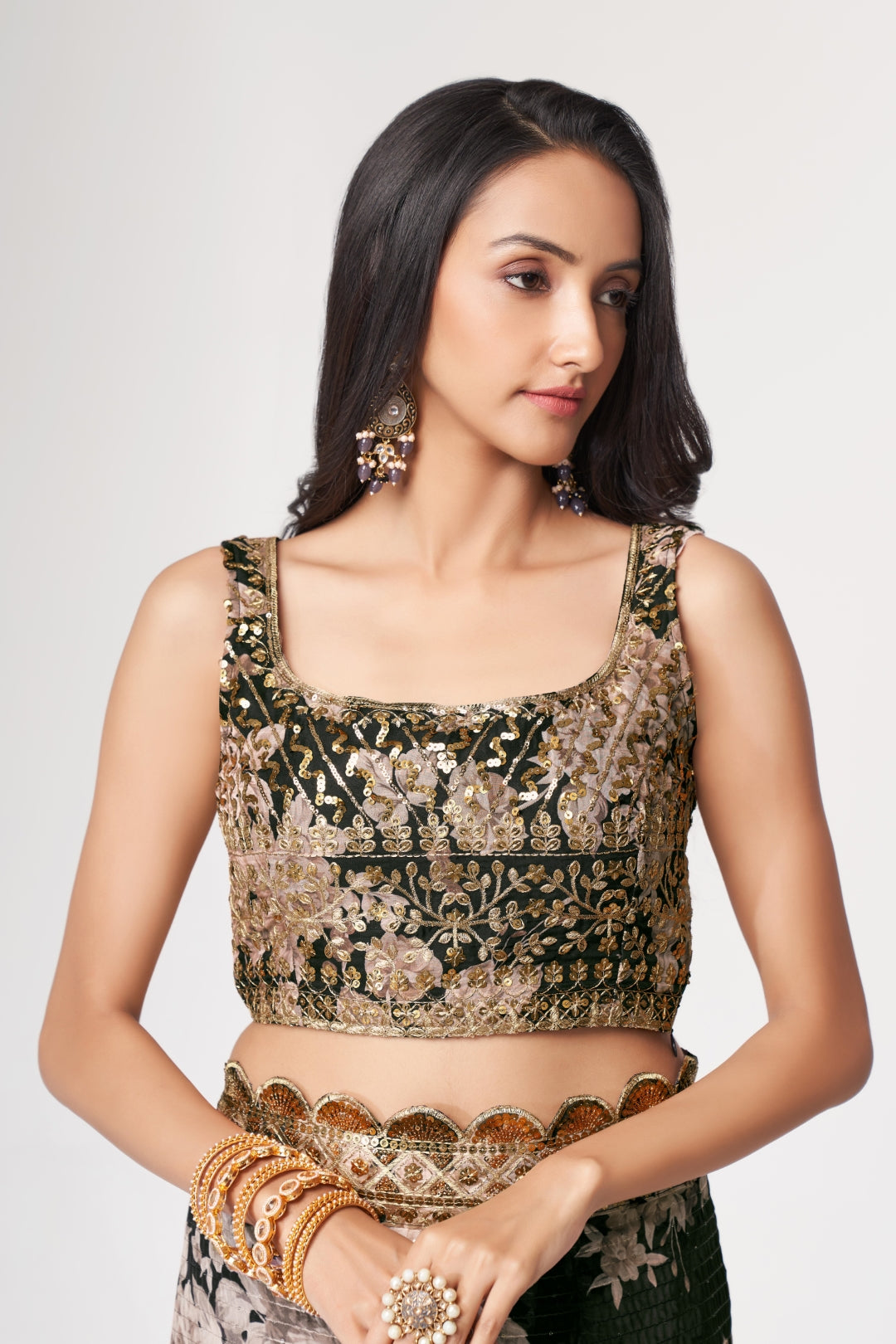 Black Organza Saree with Sequin Embroidery and Digital Print ClothsVilla