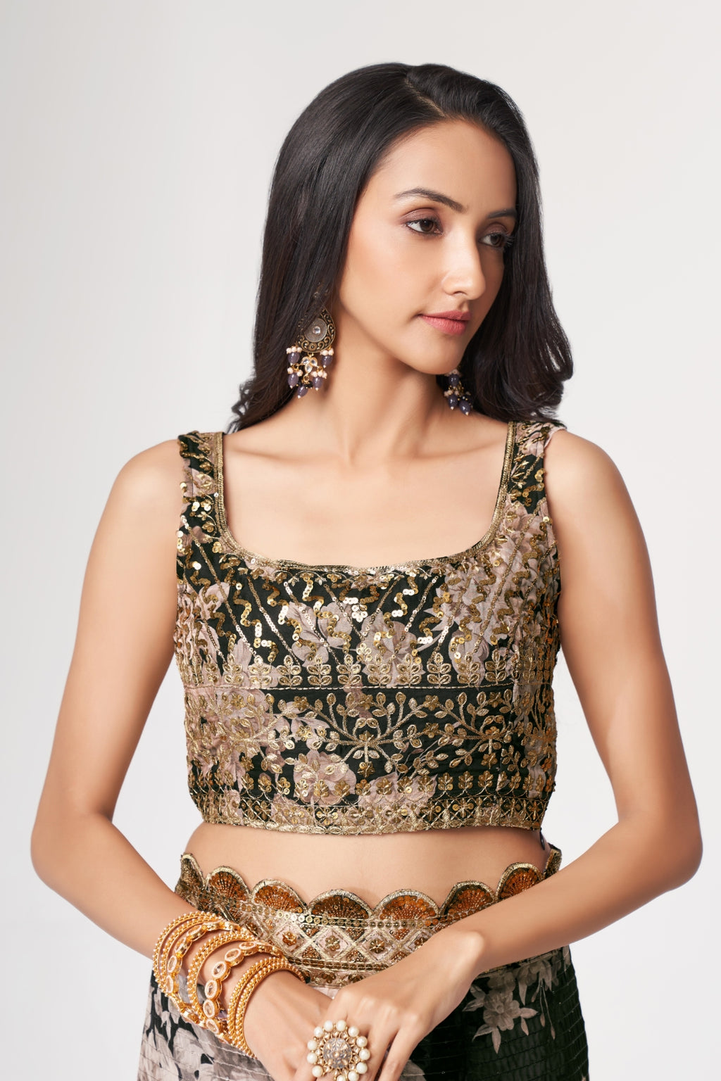 Black Organza Saree with Sequin Embroidery and Digital Print ClothsVilla