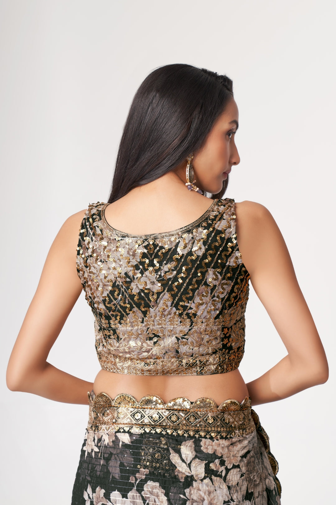 Black Organza Saree with Sequin Embroidery and Digital Print ClothsVilla