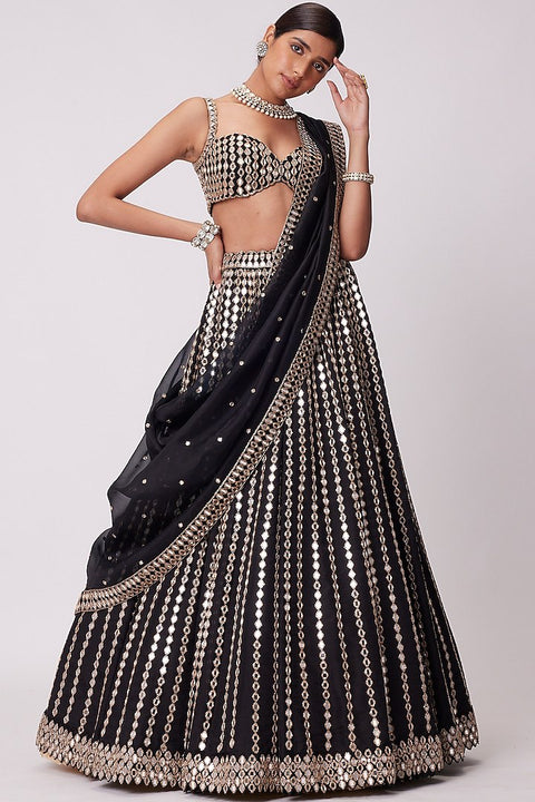 Black Organza Silk Lehenga Set with Paper Mirror & Zari Embroidery – Semi-Stitched with Dupatta ClothsVilla Main image