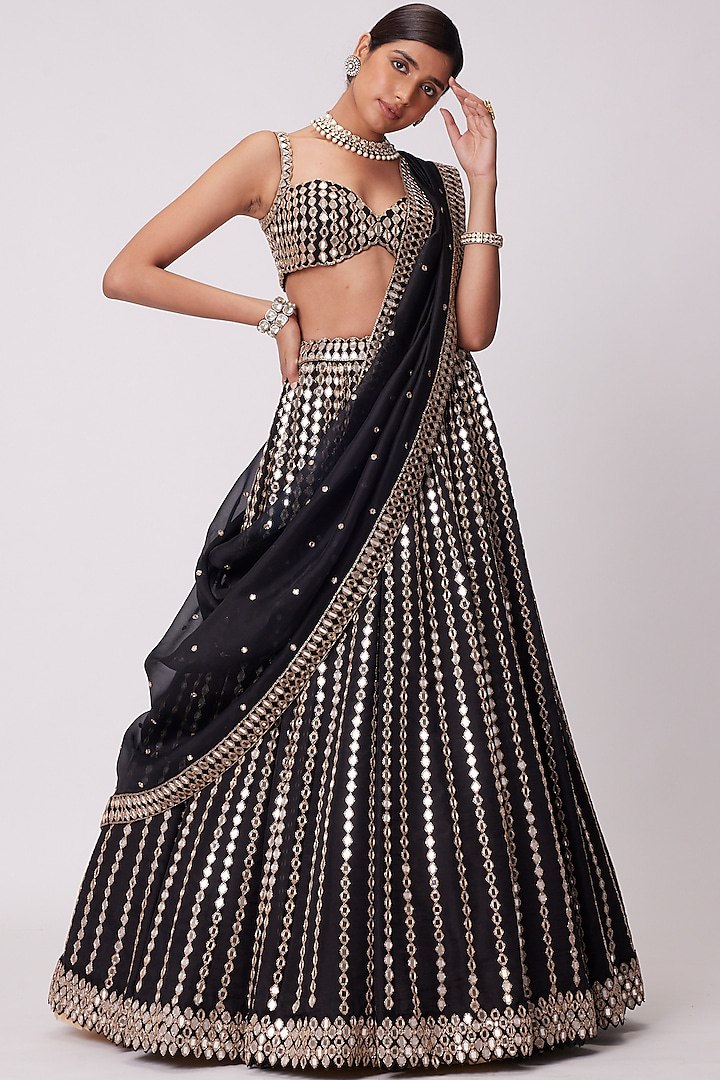 Black Organza Silk Lehenga Set with Paper Mirror & Zari Embroidery – Semi-Stitched with Dupatta ClothsVilla Main image