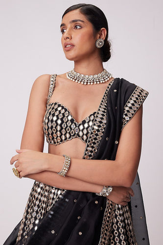 Black Organza Silk Lehenga Set with Paper Mirror & Zari Embroidery – Semi-Stitched with Dupatta ClothsVilla