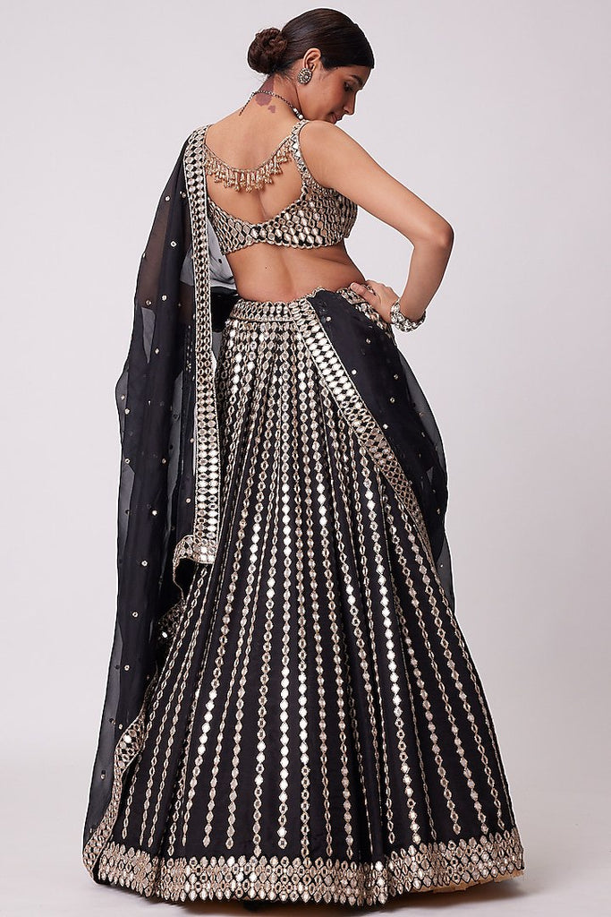 Black Organza Silk Lehenga Set with Paper Mirror & Zari Embroidery – Semi-Stitched with Dupatta ClothsVilla