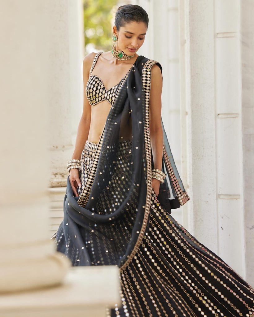 Black Organza Silk Lehenga Set with Paper Mirror & Zari Embroidery – Semi-Stitched with Dupatta ClothsVilla