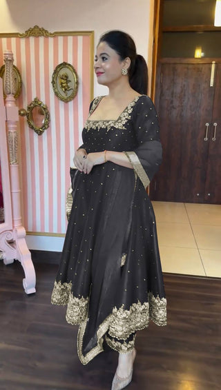 Black Party Wear Pur Vichitra Silk Anarkali Gown with Dupatta Set