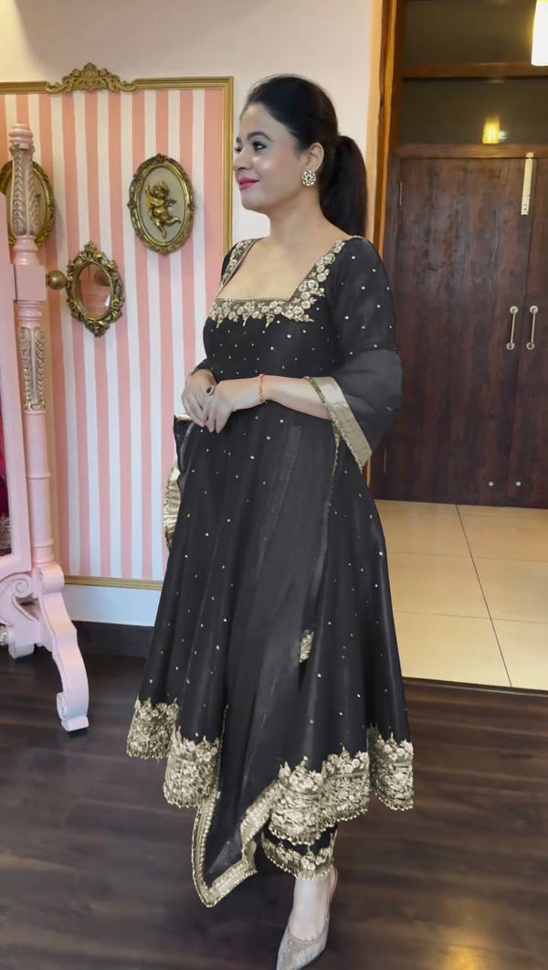 Black Party Wear Pur Vichitra Silk Anarkali Gown with Dupatta Set