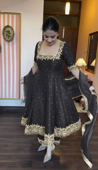 Black Party Wear Pur Vichitra Silk Anarkali Gown with Dupatta Set