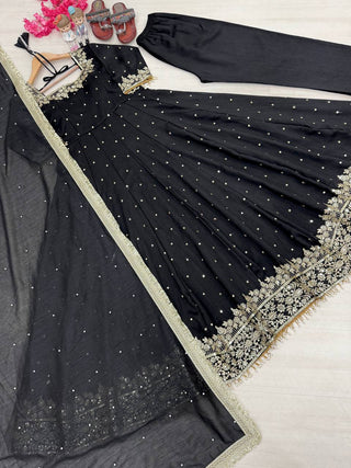 Black Party Wear Pur Vichitra Silk Anarkali Gown with Dupatta Set