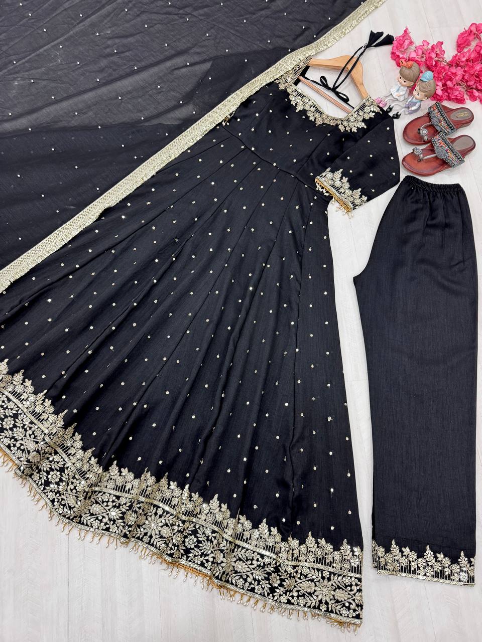 Black Party Wear Pur Vichitra Silk Anarkali Gown with Dupatta Set