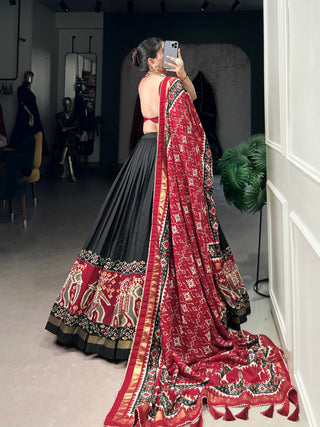 Black Patola Print Tussar Silk Lehenga Set with Gotta Patti Dupatta ClothsVilla