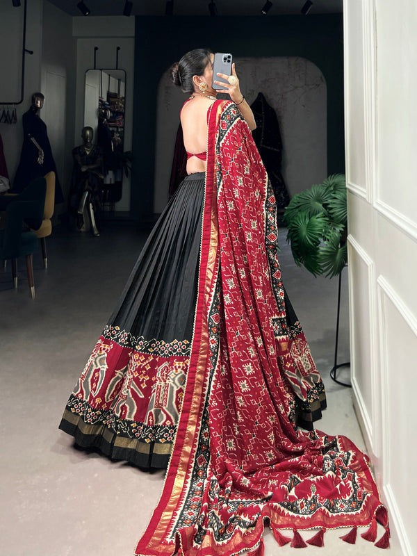 Black Patola Print Tussar Silk Lehenga Set with Gotta Patti Dupatta ClothsVilla
