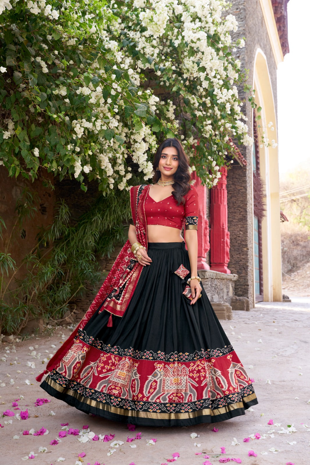 Black Patola Print Tussar Silk Lehenga Set with Gotta Patti Dupatta ClothsVilla Main image