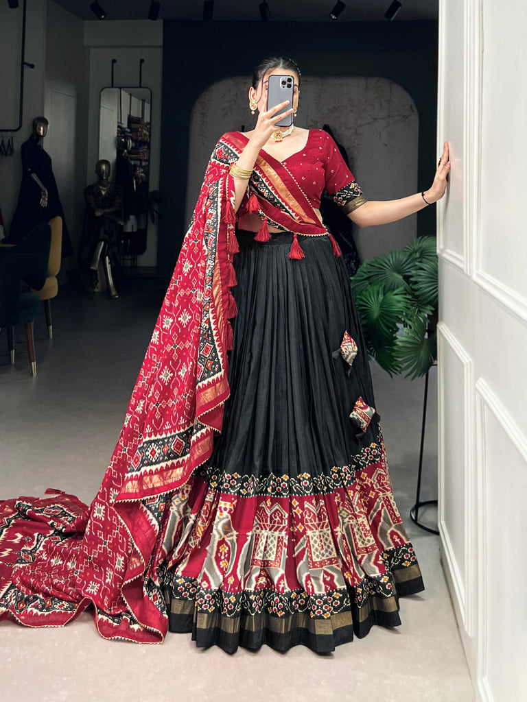 Black Patola Print Tussar Silk Lehenga Set with Gotta Patti Dupatta ClothsVilla