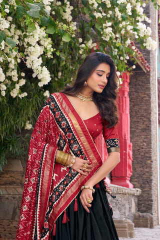 Black Patola Print Tussar Silk Lehenga Set with Gotta Patti Dupatta ClothsVilla