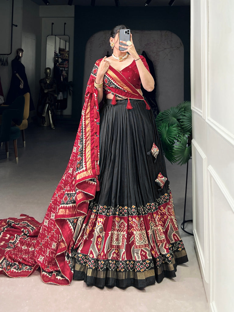 Black Patola Print Tussar Silk Lehenga Set with Gotta Patti Dupatta ClothsVilla