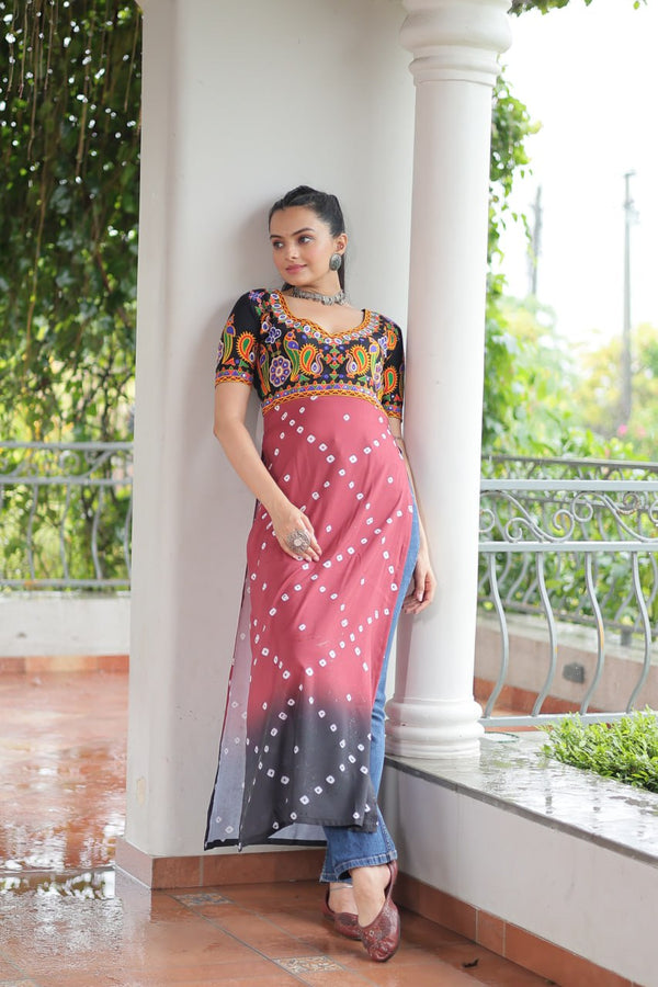 Black & Pink shade Navratri Special Printed Rayon Kurti with Kutchi Gamthi Embroidery & Pan Neck ClothsVilla