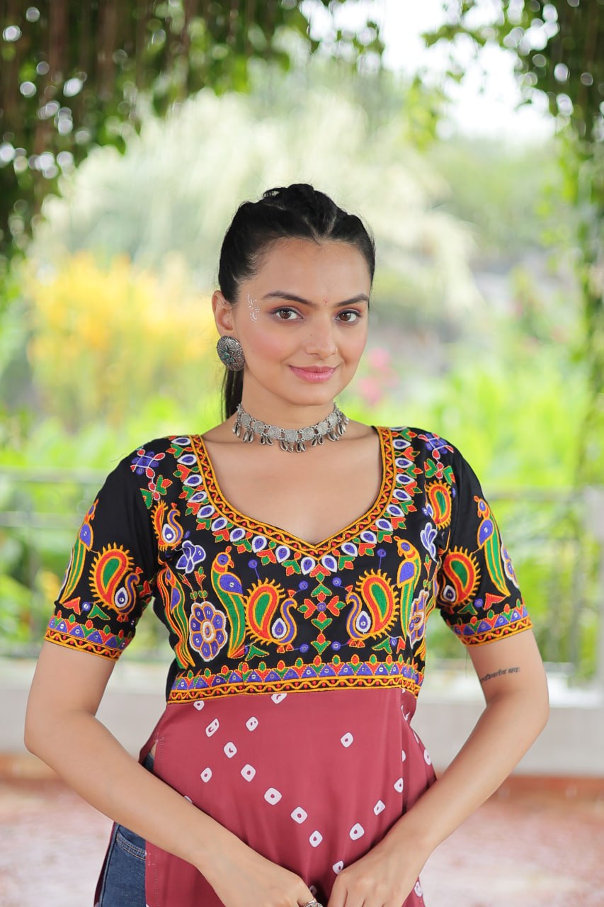 Black & Pink shade Navratri Special Printed Rayon Kurti with Kutchi Gamthi Embroidery & Pan Neck ClothsVilla