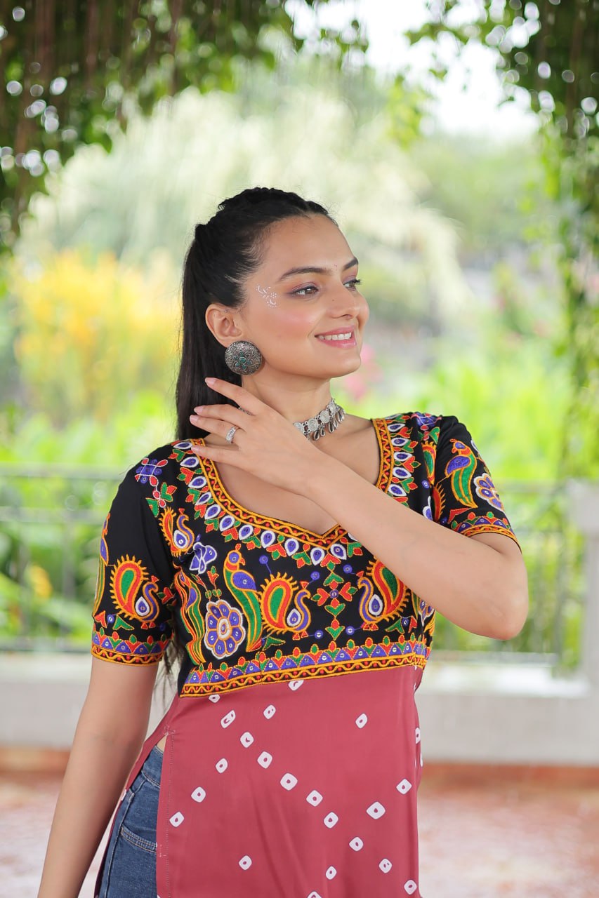 Black & Pink shade Navratri Special Printed Rayon Kurti with Kutchi Gamthi Embroidery & Pan Neck ClothsVilla